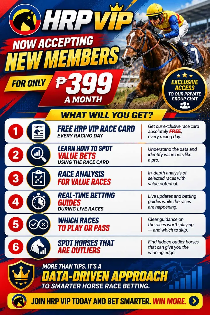 HRP VIP — ₱399 a month. Free HRP VIP race card every racing day, value bets, race analysis, real-time betting guides.